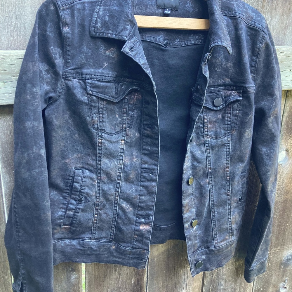 Super fun black jean jacket with metallic silver and copper details